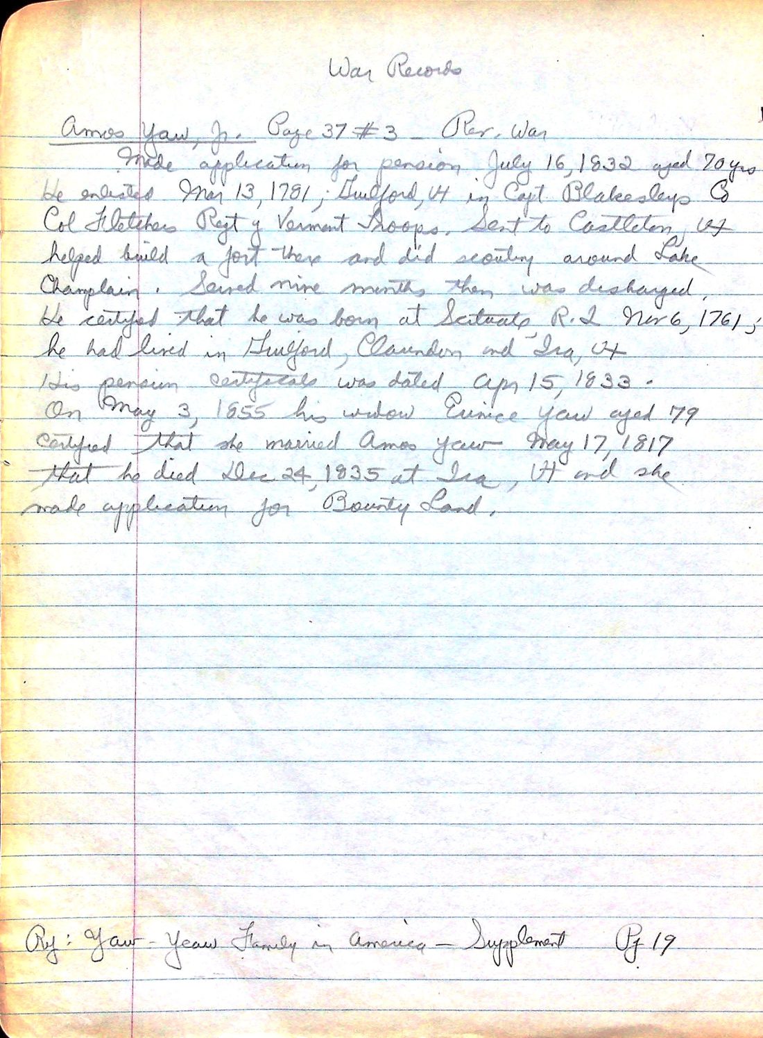 YEAW, Amos (b. 1761 R.I. d. 1835 Ira) war record